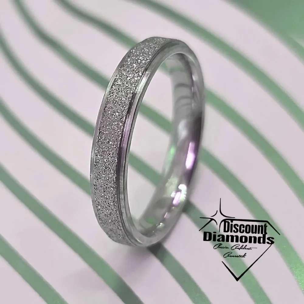 Silver Titanium Comfort Ring & a Frosted Textured Inlay Appearing Diamond Like
